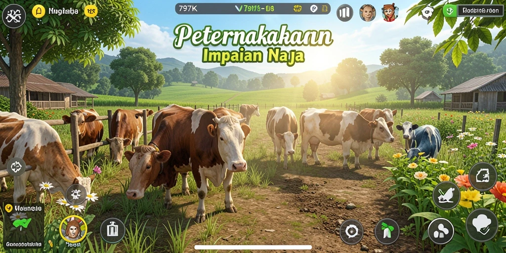 Screenshot gameplay 797K yang menampilkan suasana pertanian yang indah.
