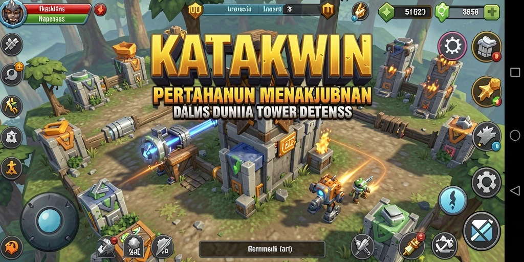 Gambar menampilkan gameplay menakjubkan dalam KATAKWIN dengan menara yang berfungsi optimal.