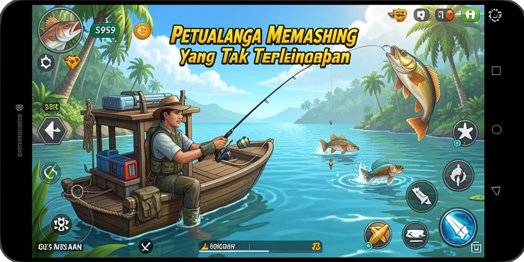 Screenshot gameplay S9S9 yang menampilkan aksi memancing di lokasi indah.