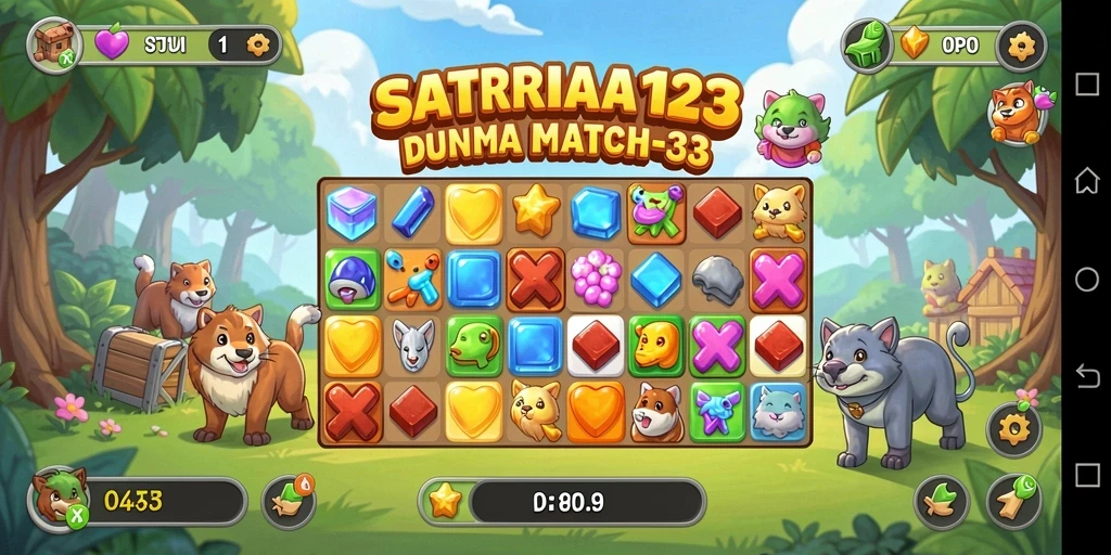 Tampilan gameplay seru dari SATRIA123 dengan kombinasi item match-3.